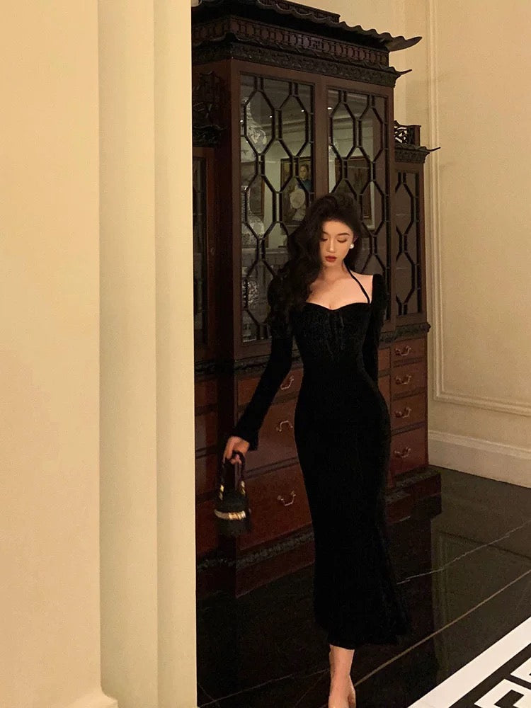 Sexy Mermaid Halter Long Sleeves Velvet Black Prom Dresses Birthday Outfits