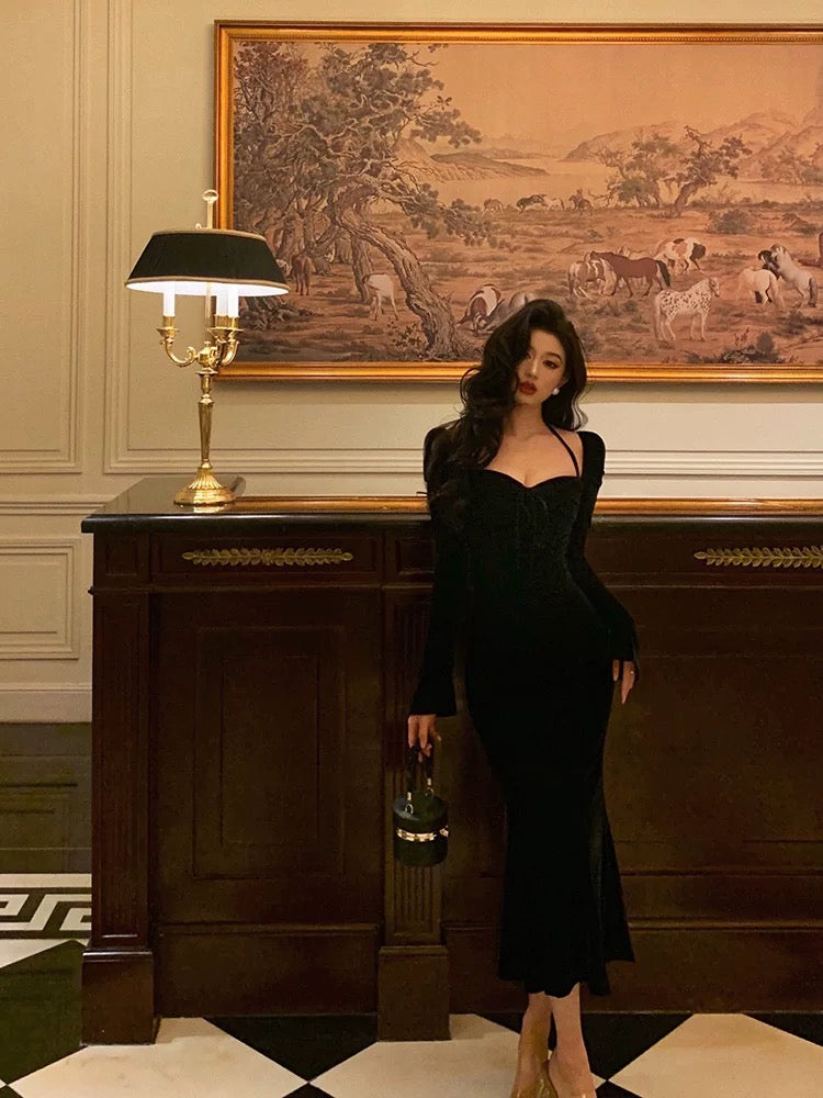 Sexy Mermaid Halter Long Sleeves Velvet Black Prom Dresses Birthday Outfits