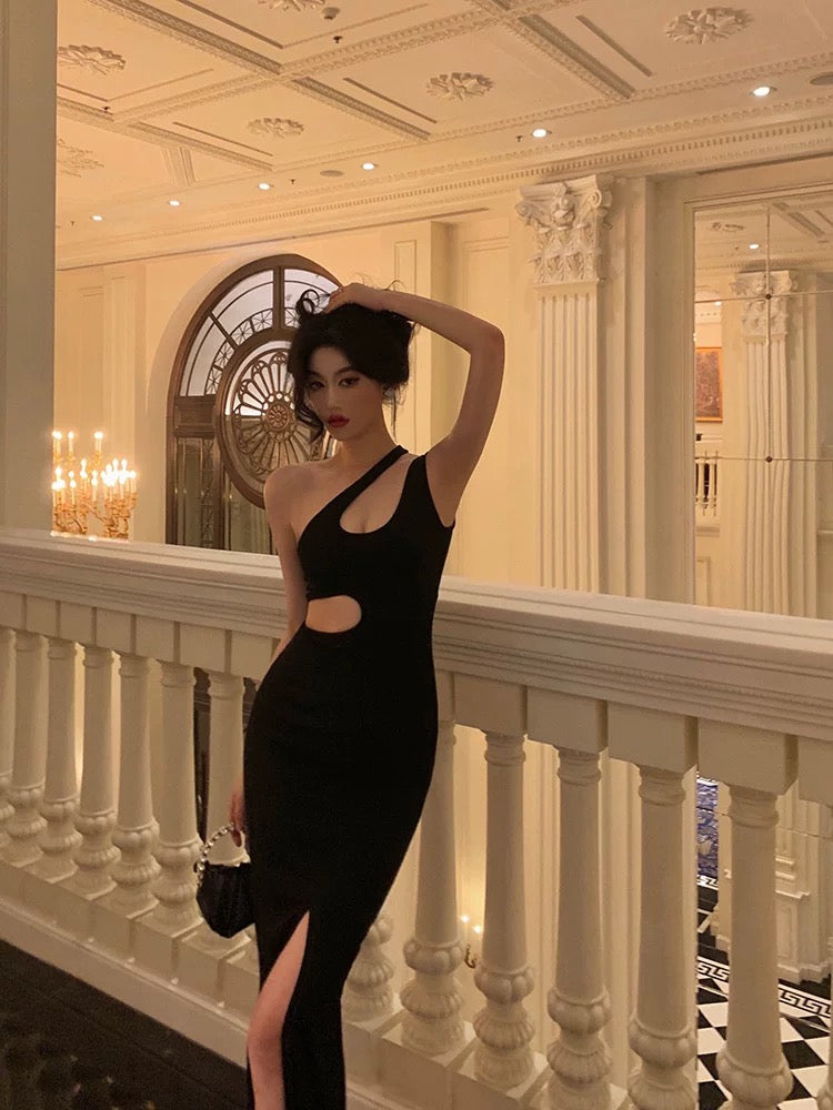 Sexy Sheath One Shoulder Straps Black Slit Long Prom Dresses Birthday Outfits
