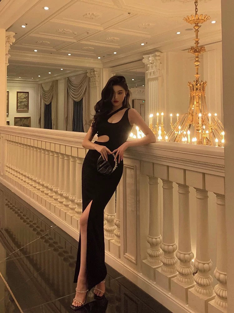 Sexy Sheath One Shoulder Straps Black Slit Long Prom Dresses Birthday Outfits