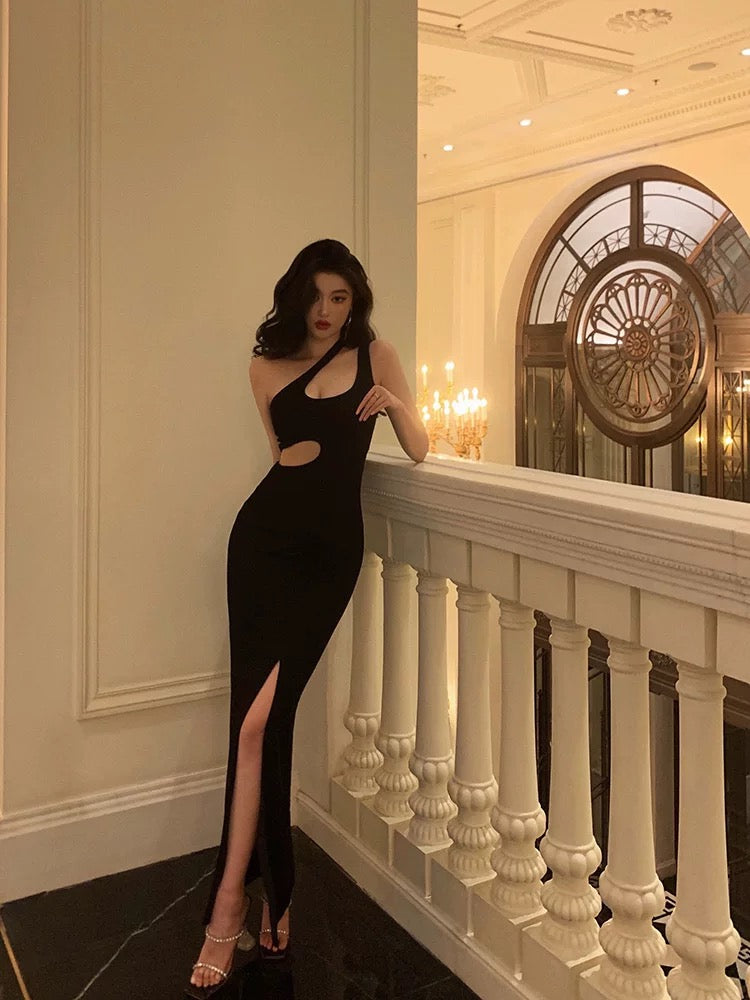 Sexy Sheath One Shoulder Straps Black Slit Long Prom Dresses Birthday Outfits