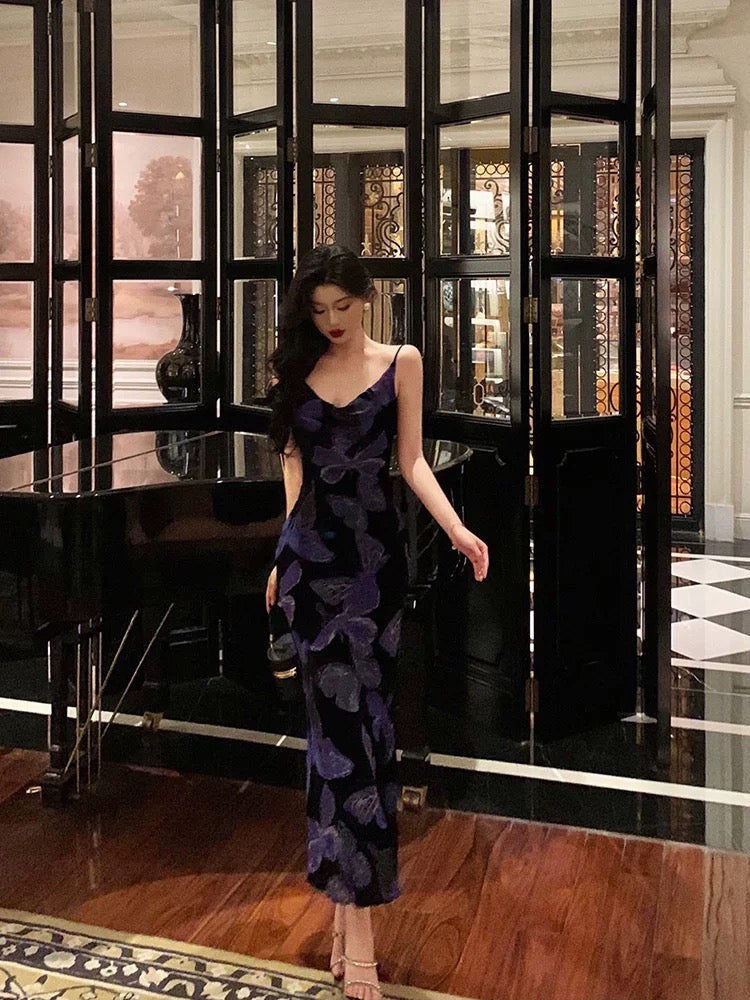 Sexy Sheath Spaghetti Straps Floral Grape Butterfly Fold Long Prom Dresses Birthday Outfits