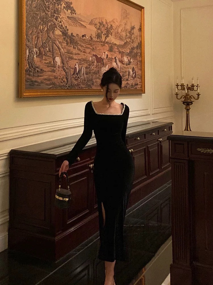 Sexy Mermaid Square Neckline Black Velvet Slit Prom Dresses Birthday Outfits
