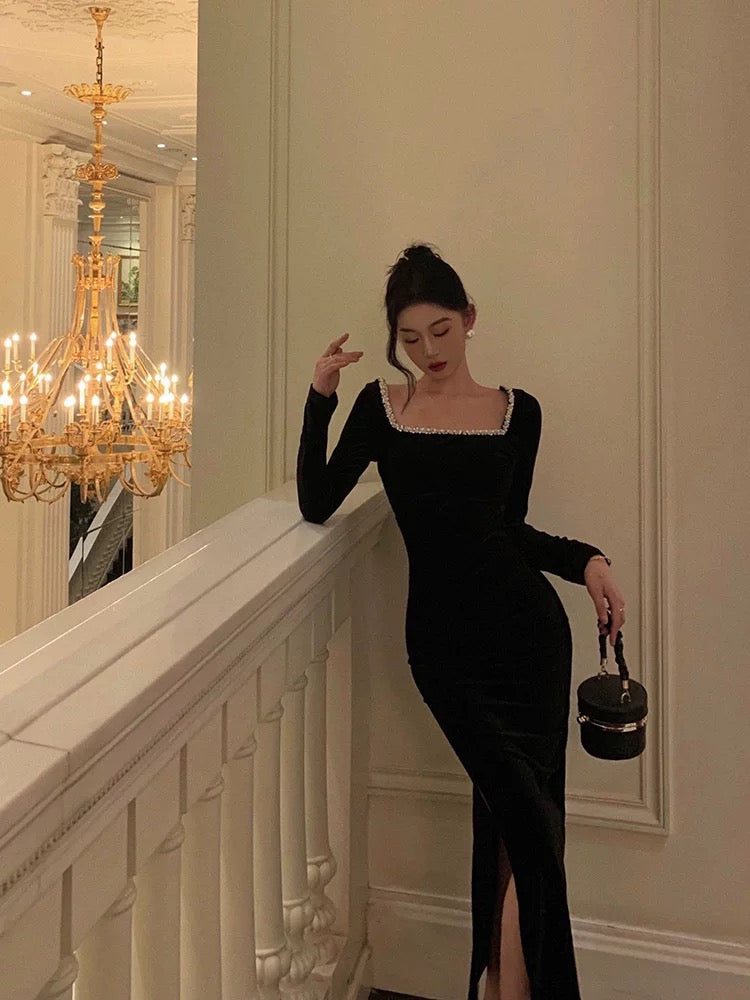 Sexy Mermaid Square Neckline Black Velvet Slit Prom Dresses Birthday Outfits