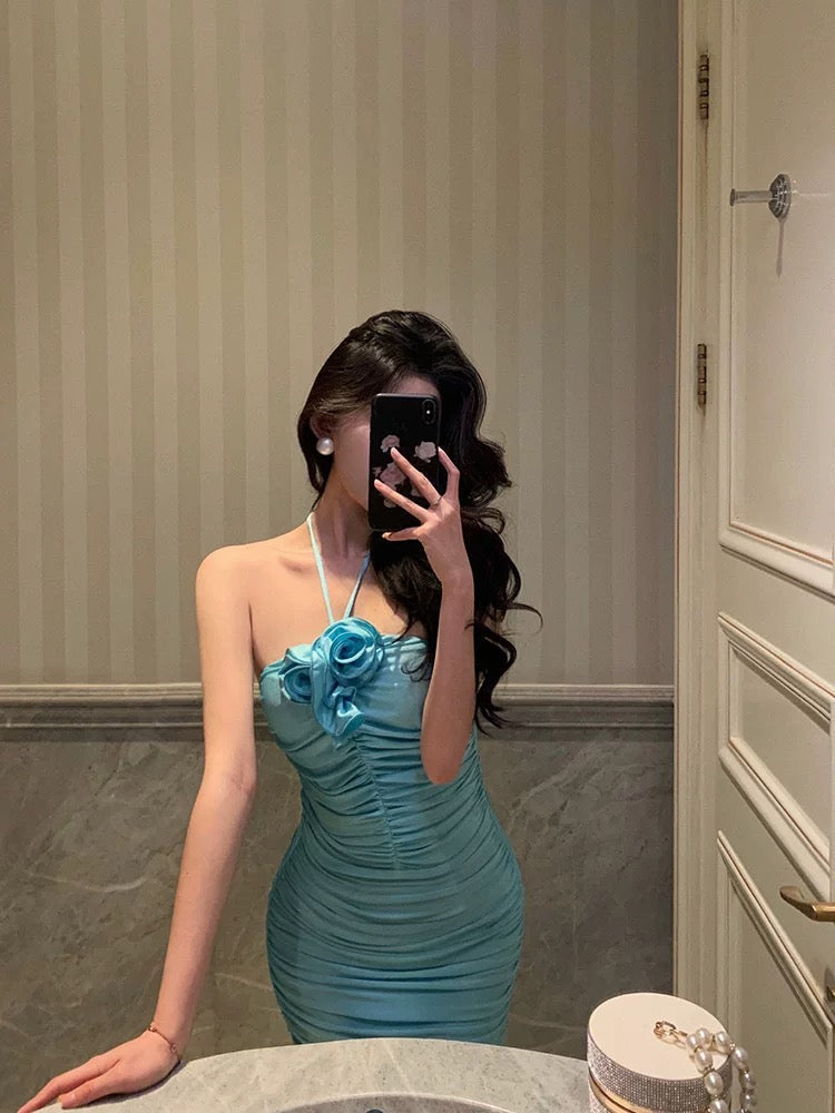 Sexy Sheath Halter Blue Fold Long Prom Dresses Birthday Outfits