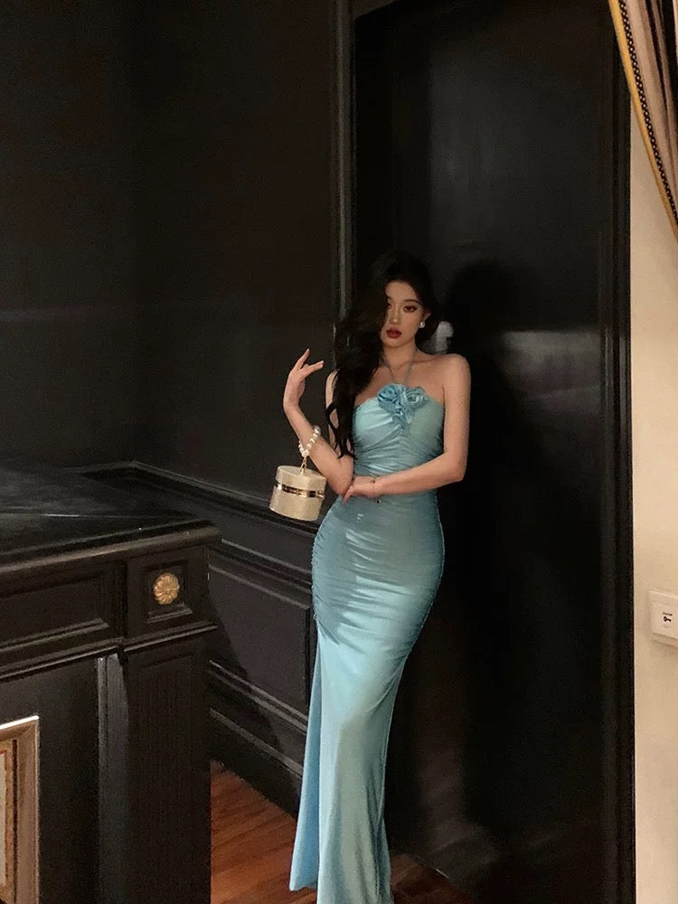 Sexy Sheath Halter Blue Fold Long Prom Dresses Birthday Outfits
