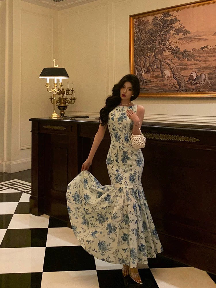 Sexy Sheath Boat Sleeveless Blue Floral Ruffle Long Prom Dresses Birthday Outfits