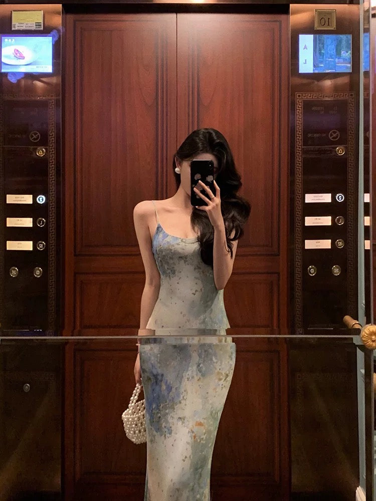 Sexy Sheath Spaghetti Straps Oil Painting Long Prom Dresses Birthday Outfits