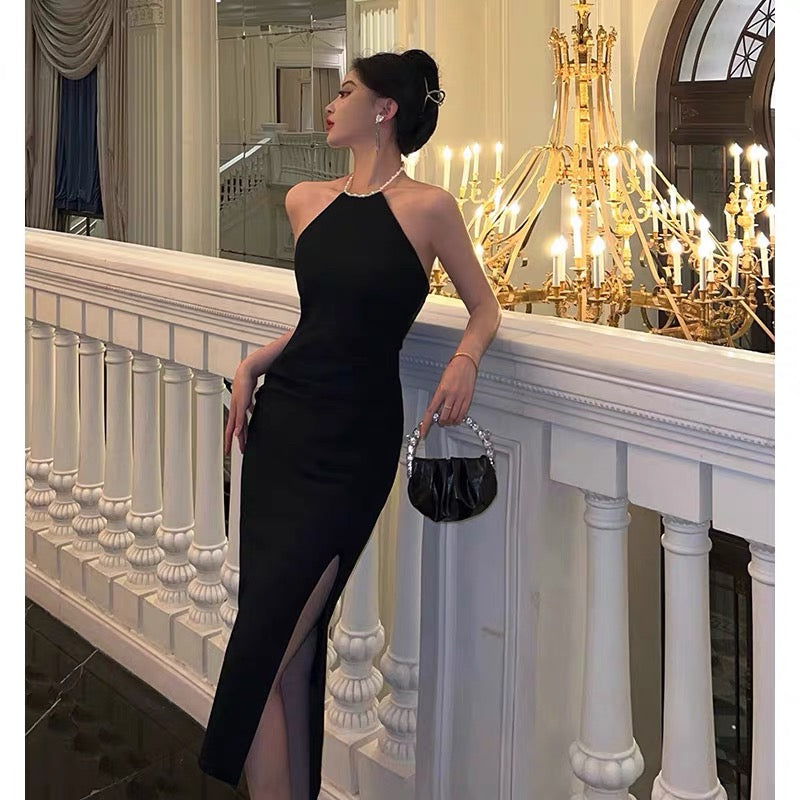 Sexy Mermaid Halter Neckline Black Satin Slit Prom Dresses Birthday Outfits