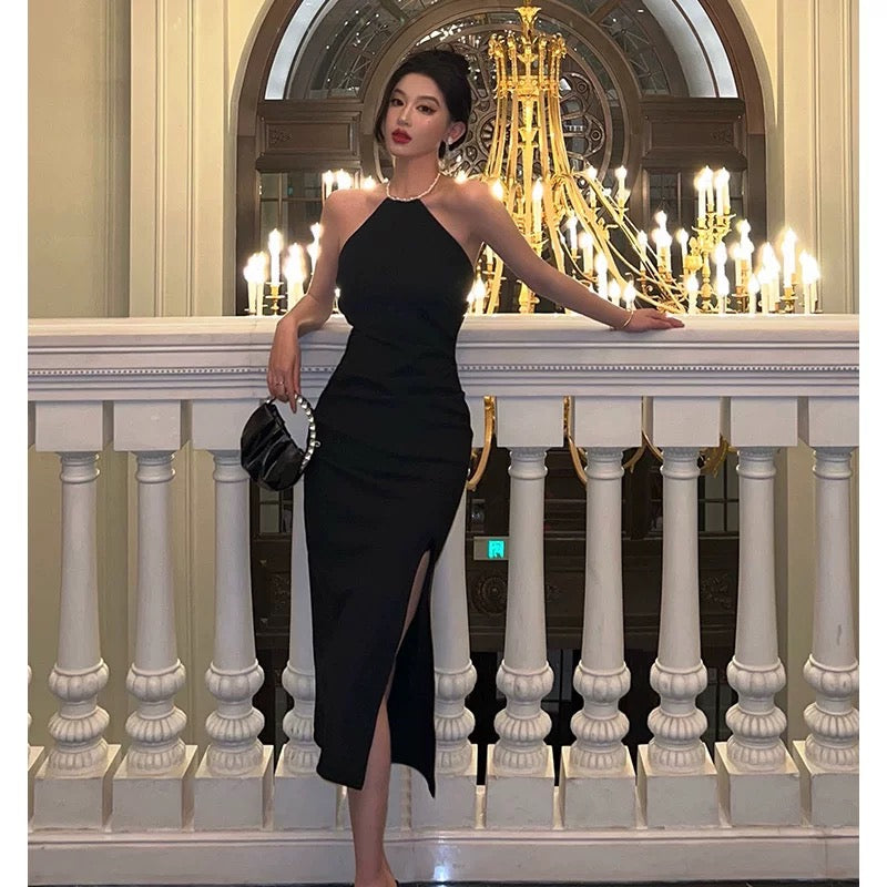 Sexy Mermaid Halter Neckline Black Satin Slit Prom Dresses Birthday Outfits