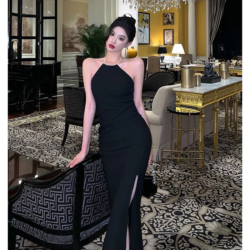 Sexy Mermaid Halter Neckline Black Satin Slit Prom Dresses Birthday Outfits