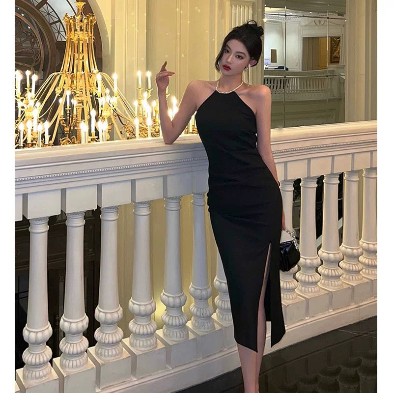 Sexy Mermaid Halter Neckline Black Satin Slit Prom Dresses Birthday Outfits