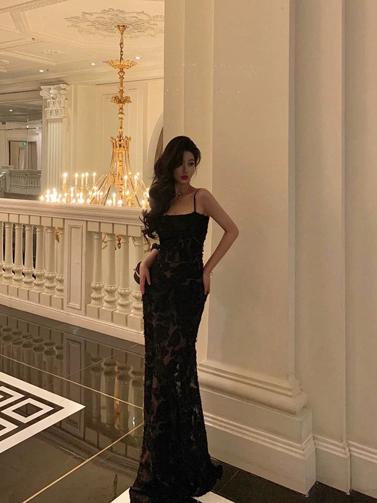 Sexy Mermaid Spaghetti Straps Lace Long Black Prom Dresses Birthday Outfits