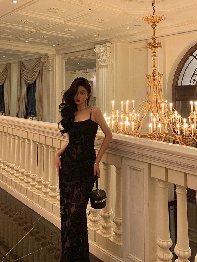 Sexy Mermaid Spaghetti Straps Lace Long Black Prom Dresses Birthday Outfits