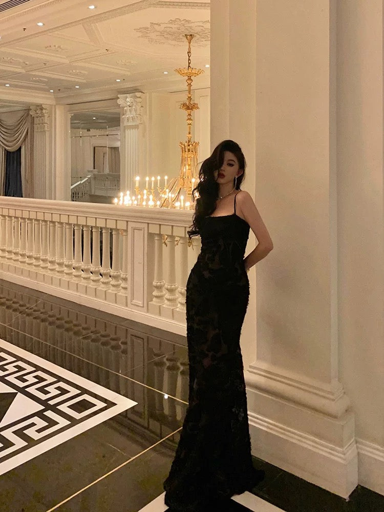 Sexy Mermaid Spaghetti Straps Lace Long Black Prom Dresses Birthday Outfits