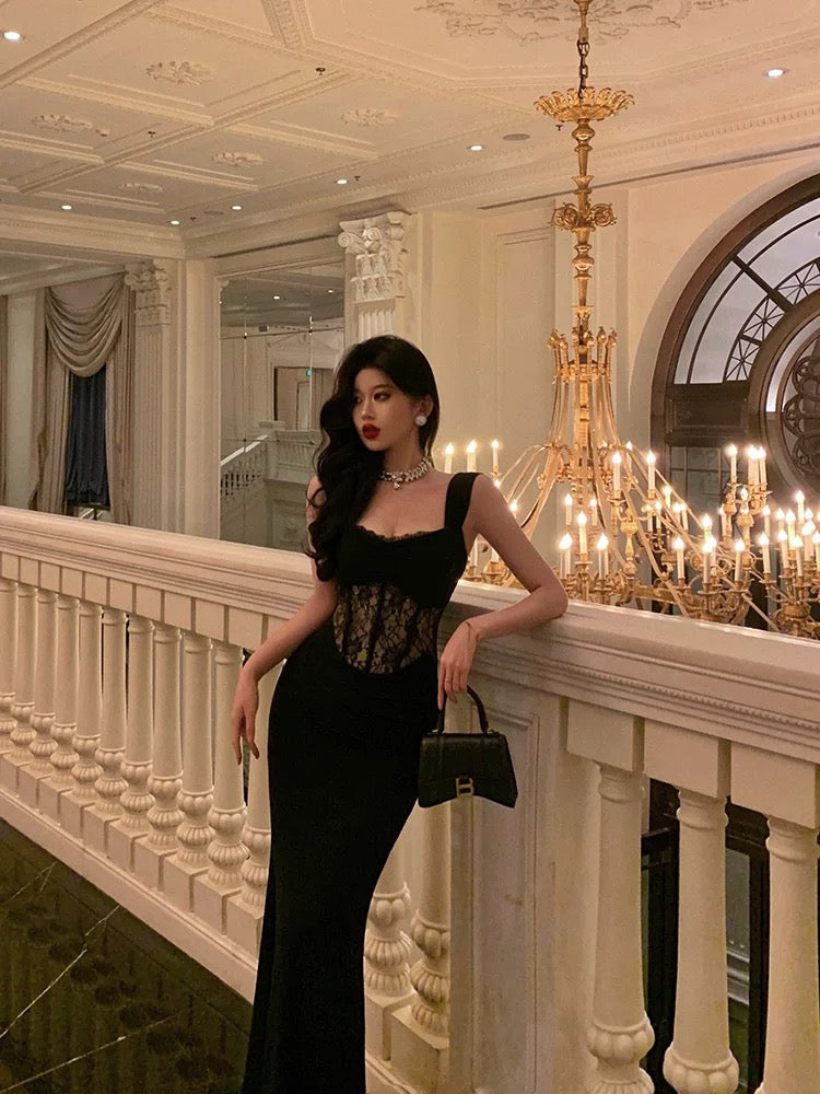 Sexy Sheath Straps Sleeveless Black Ankle Length Lace Prom Dresses Birthday Outfits