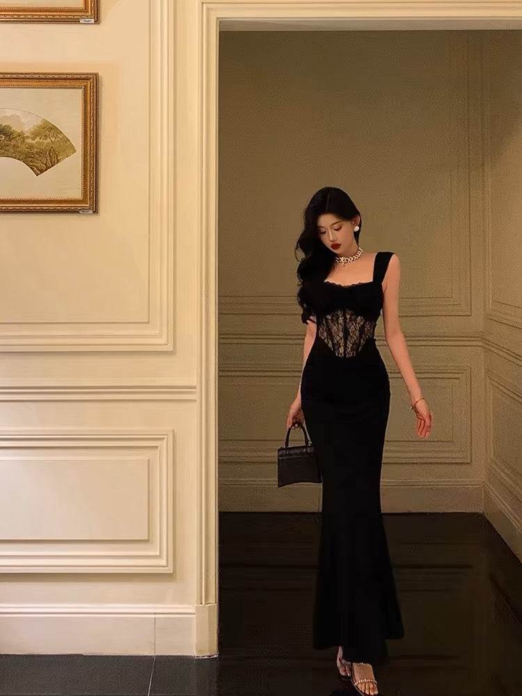 Sexy Sheath Straps Sleeveless Black Ankle Length Lace Prom Dresses Birthday Outfits