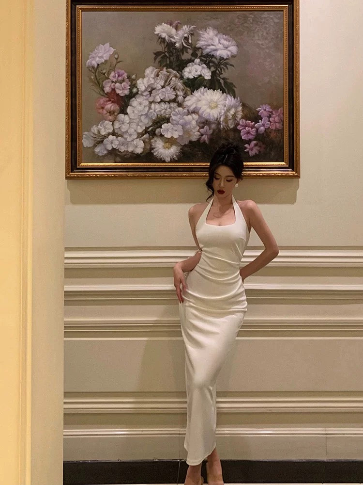 Sexy Sheath Halter Sleeveless White Tea Length Prom Dresses Birthday Outfits