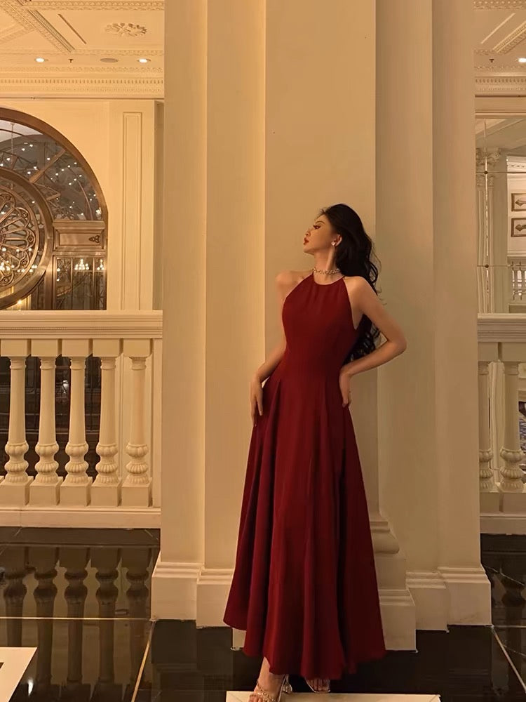 Sexy A Line Boat Neckline Sleeveless Burgundy Ankle Length Prom Dresses Birthday Outfits