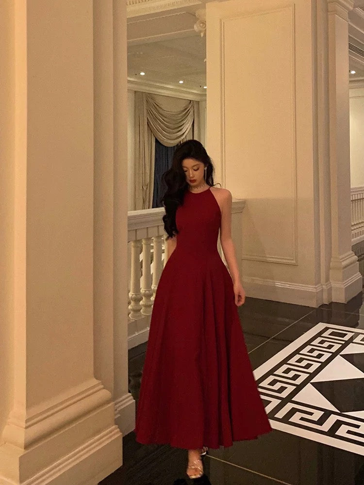 Sexy A Line Boat Neckline Sleeveless Burgundy Ankle Length Prom Dresses Birthday Outfits