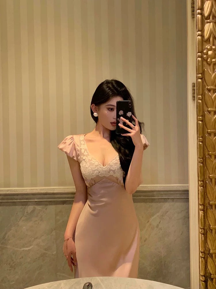 Sexy Sheath V Neckline Short Sleeves Pink Tea Length Prom Dresses Birthday Outfits