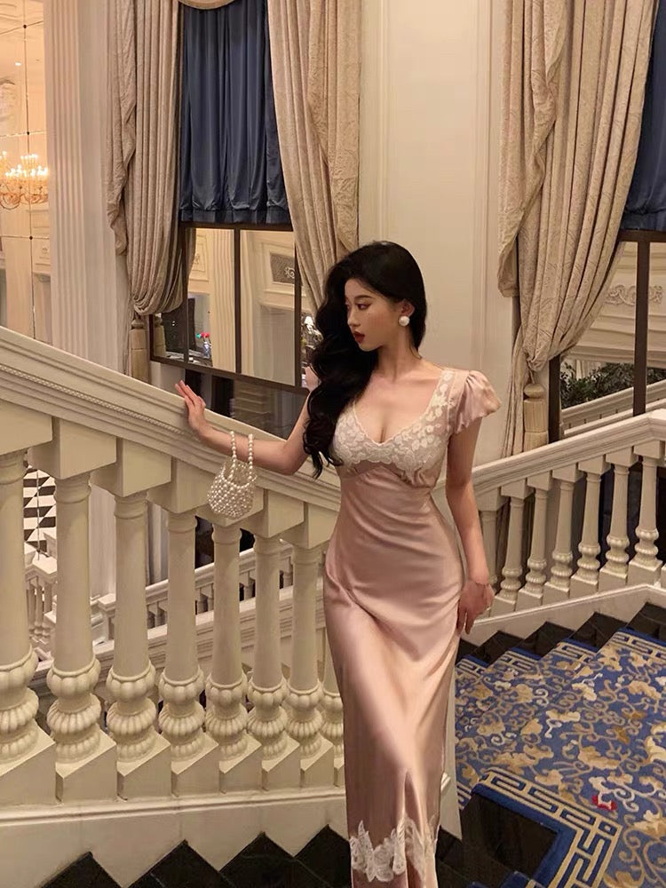 Sexy Sheath V Neckline Short Sleeves Pink Tea Length Prom Dresses Birthday Outfits