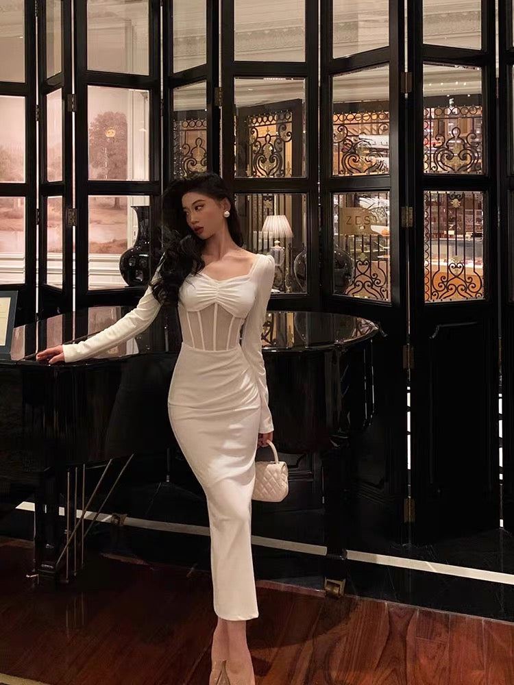 Sexy Sheath Long Sleeves White Tea Length Prom Dresses Birthday Outfits