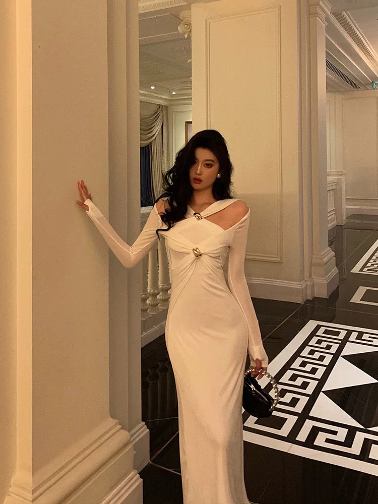 Gorgeous Mermaid Halter Long Sleeves Date Night Dress White Prom Dresses Birthday Outfits