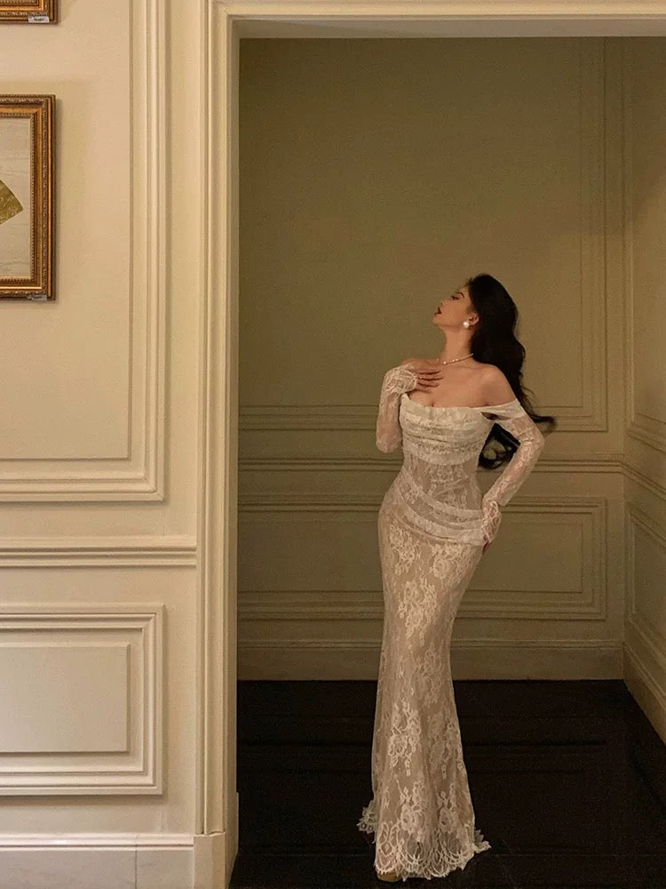 Gorgeous Mermaid Off The Shoulder Long Sleeves Date Night Dress White Prom Dresses Birthday Outfits