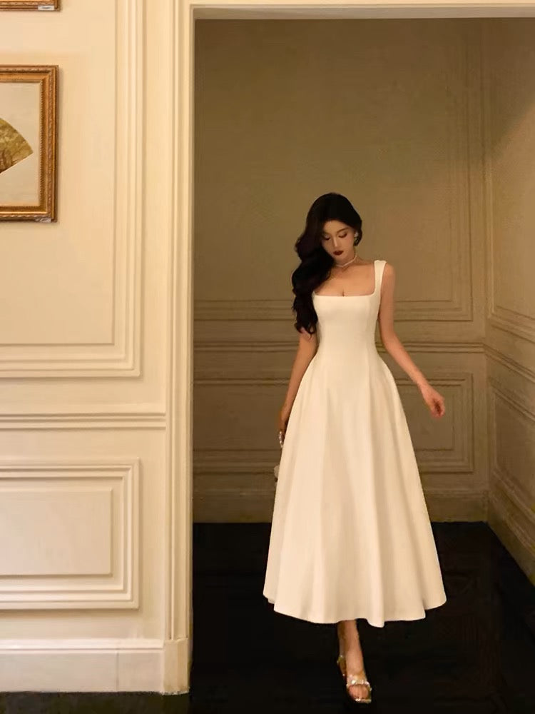 Sexy A Line Straps Sleeveless White Tea Length Prom Dresses Birthday Outfits