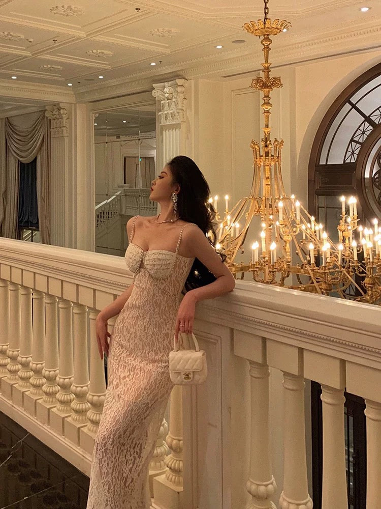 Gorgeous Mermaid Spaghetti Straps Sleeveless Date Night Dress White Lace Prom Dresses Birthday Outfits