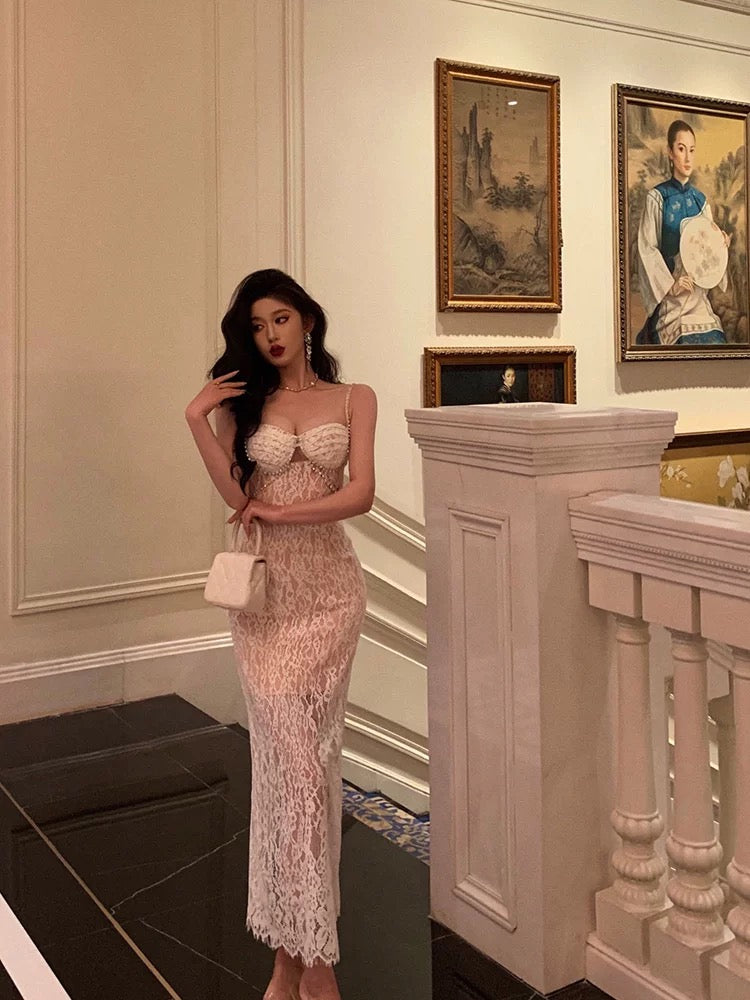 Gorgeous Mermaid Spaghetti Straps Sleeveless Date Night Dress White Lace Prom Dresses Birthday Outfits