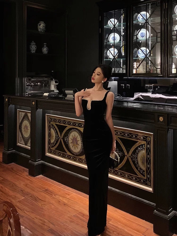 Sexy Sheath Spaghetti Straps Sleeveless Black Floor Length Prom Dresses Birthday Outfits