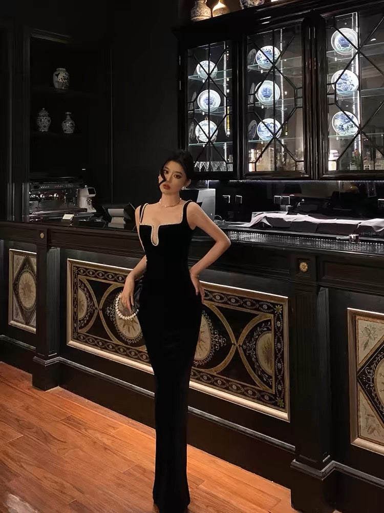 Sexy Sheath Spaghetti Straps Sleeveless Black Floor Length Prom Dresses Birthday Outfits
