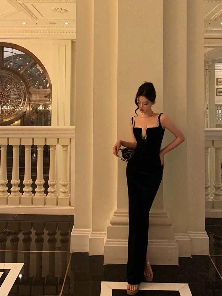 Sexy Sheath Spaghetti Straps Sleeveless Black Floor Length Prom Dresses Birthday Outfits