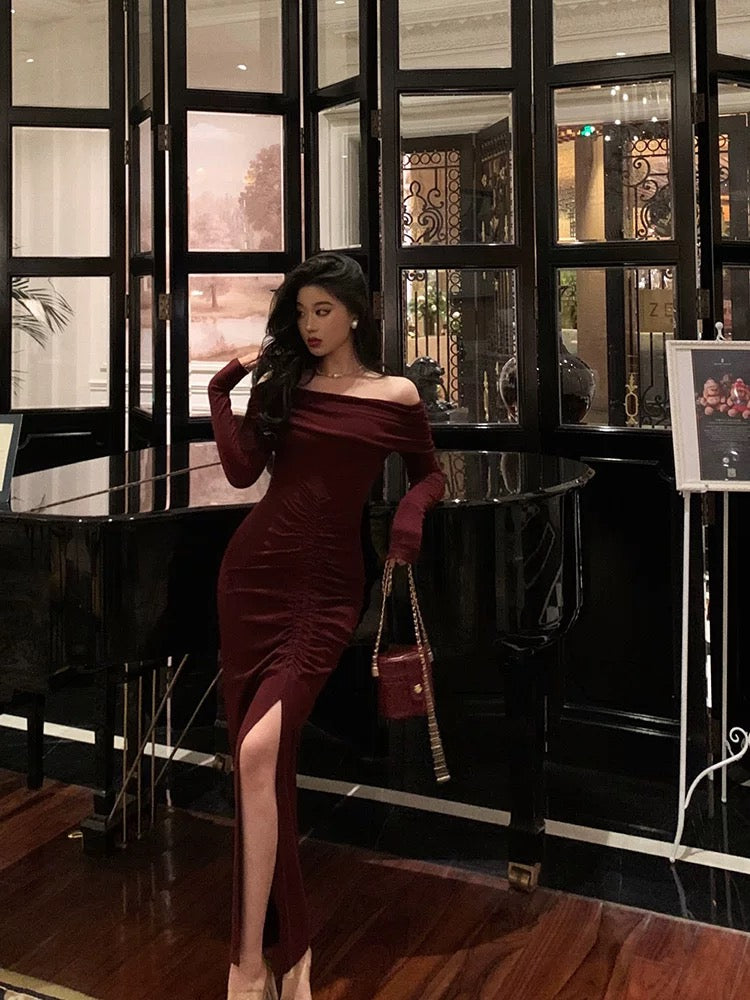Gorgeous Mermaid Off The Shoulder Long Sleeves Date Night Dress Burgundy Prom Dresses Birthday Outfits