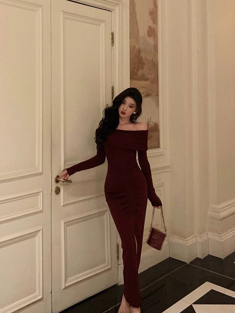 Gorgeous Mermaid Off The Shoulder Long Sleeves Date Night Dress Burgundy Prom Dresses Birthday Outfits
