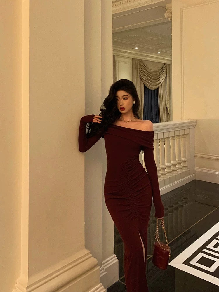 Gorgeous Mermaid Off The Shoulder Long Sleeves Date Night Dress Burgundy Prom Dresses Birthday Outfits