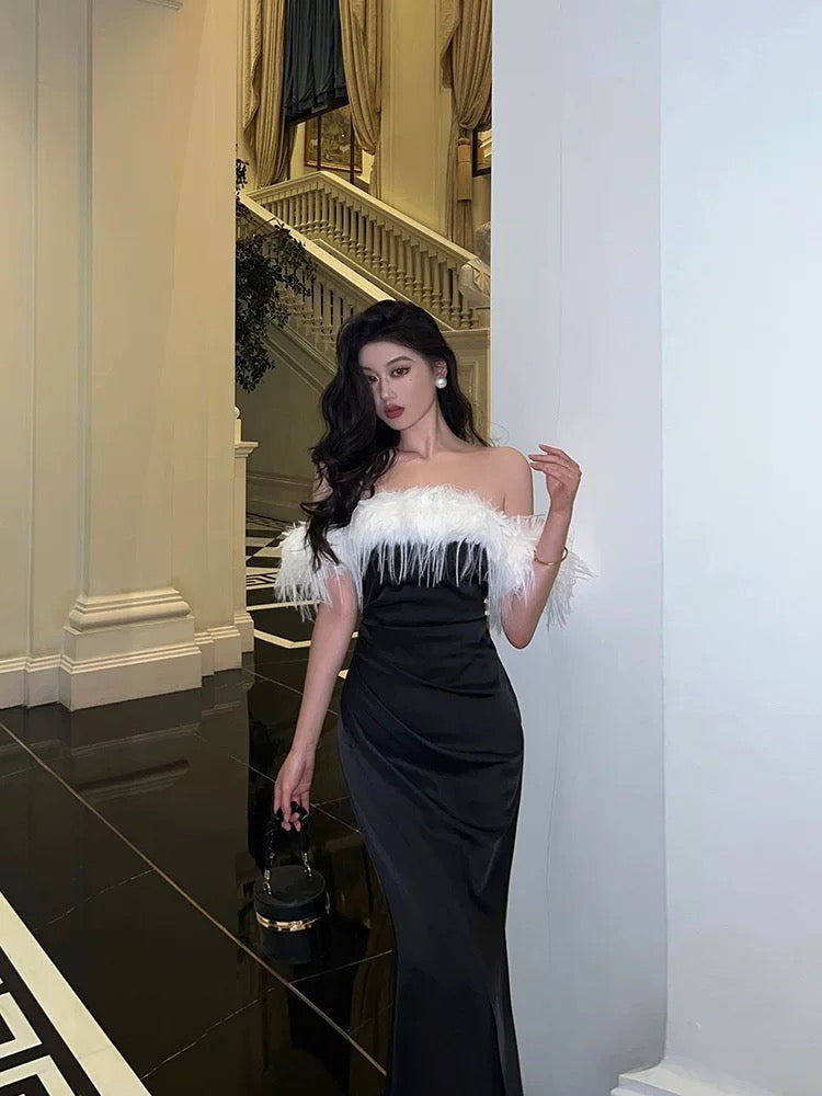 Sexy Sheath Off The Shoulder Short Sleeves Black Slit Satin Prom Dresses Birthday Outfits