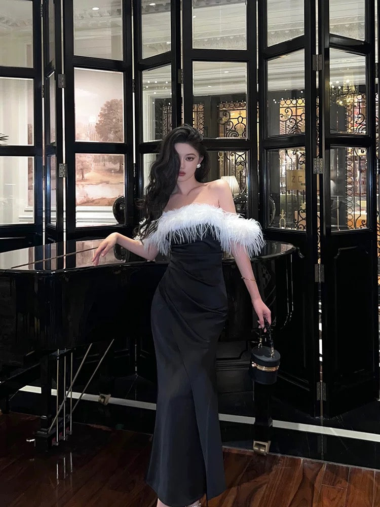 Sexy Sheath Off The Shoulder Short Sleeves Black Slit Satin Prom Dresses Birthday Outfits