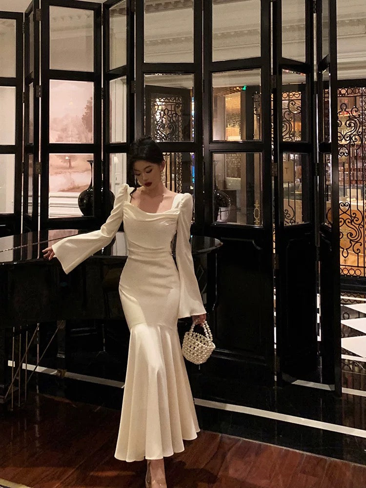 Gorgeous Mermaid Square Neckline Long Sleeves Date Night Dress White Prom Dresses Birthday Outfits