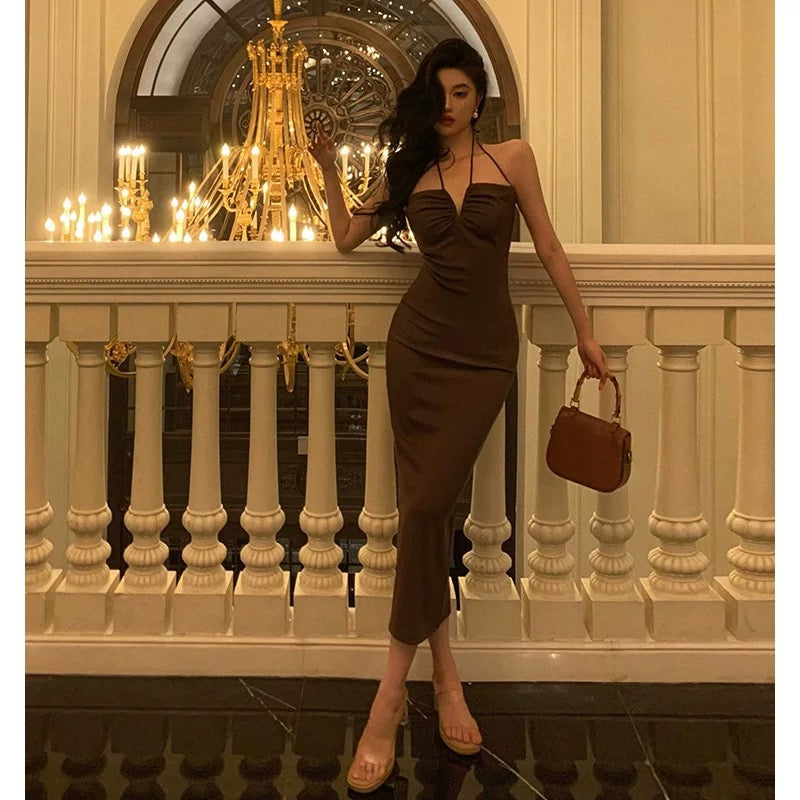 Sexy Sheath Spaghetti Straps Sleeveless Brown Ankle Length Prom Dresses Birthday Outfits