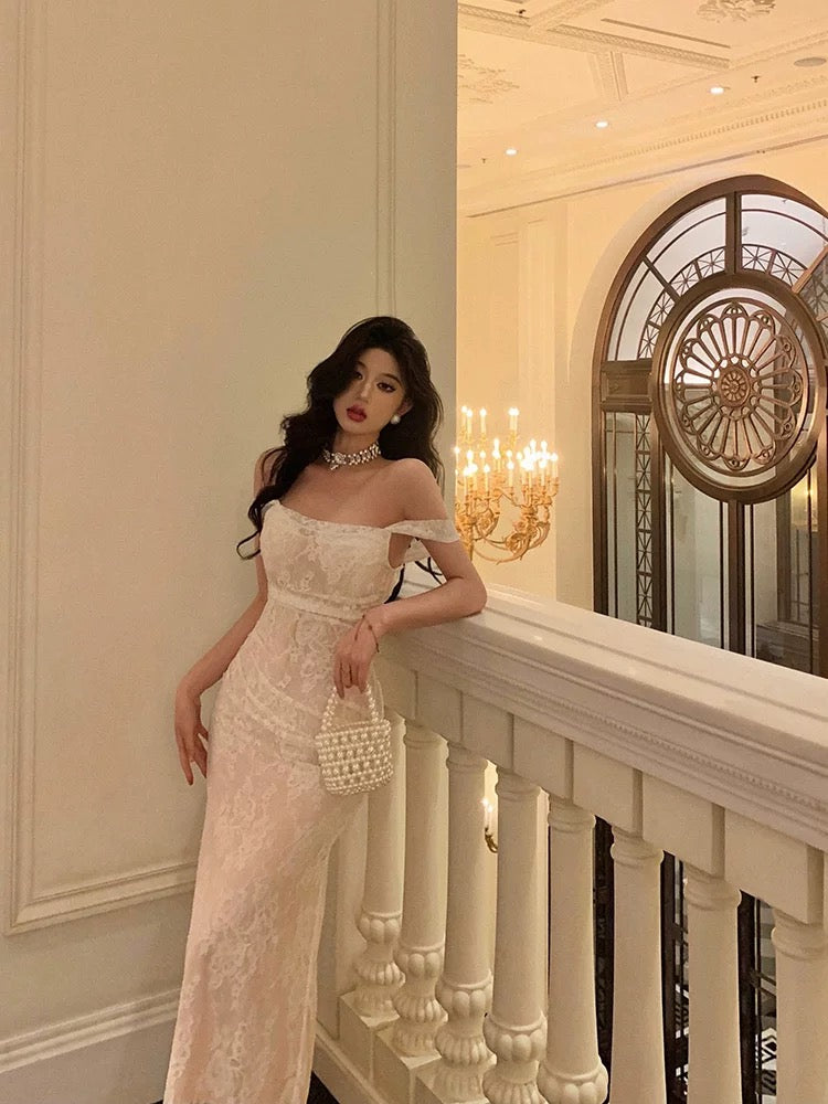 Sexy Sheath Straps Neckline Sleeveless White Lace Ankle Length Prom Dresses Birthday Outfits