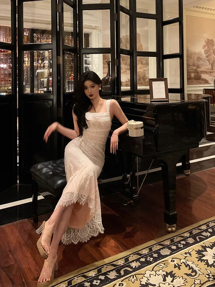 Sexy Sheath Straps Neckline Sleeveless White Lace Ankle Length Prom Dresses Birthday Outfits