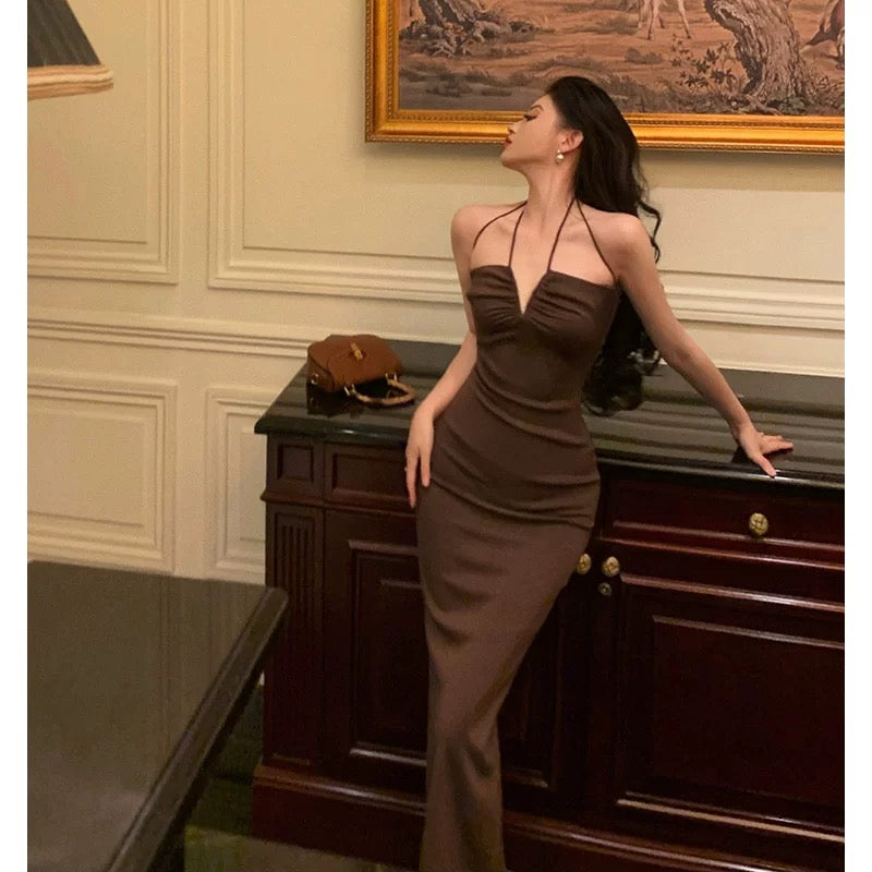 Sexy Sheath Spaghetti Straps Sleeveless Brown Ankle Length Prom Dresses Birthday Outfits