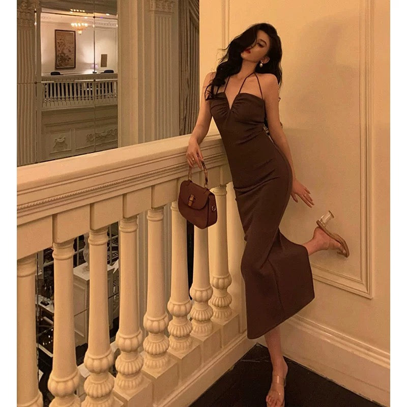 Sexy Sheath Spaghetti Straps Sleeveless Brown Ankle Length Prom Dresses Birthday Outfits