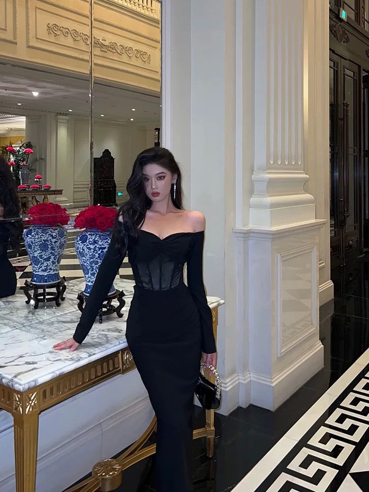 Gorgeous Mermaid Off The Shoulder Long Sleeves Date Night Dress Black Prom Dresses Birthday Outfits