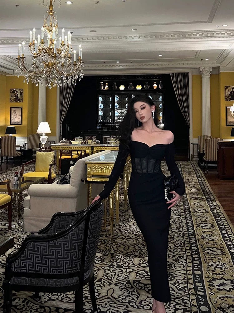 Gorgeous Mermaid Off The Shoulder Long Sleeves Date Night Dress Black Prom Dresses Birthday Outfits