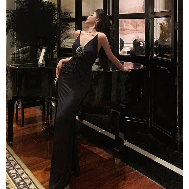 Sexy Sheath Spaghetti Straps Sleeveless Black Prom Dresses Birthday Outfits With Flower