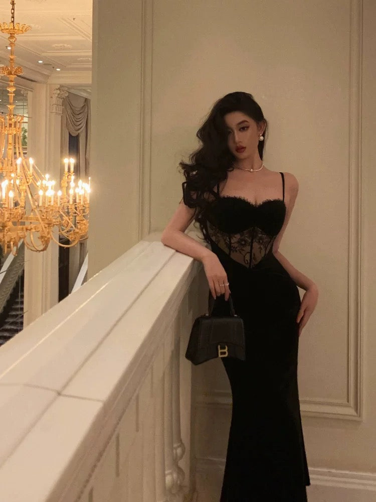 Sexy Sheath Spaghetti Straps Sleeveless Black Velvet Prom Dresses Birthday Outfits